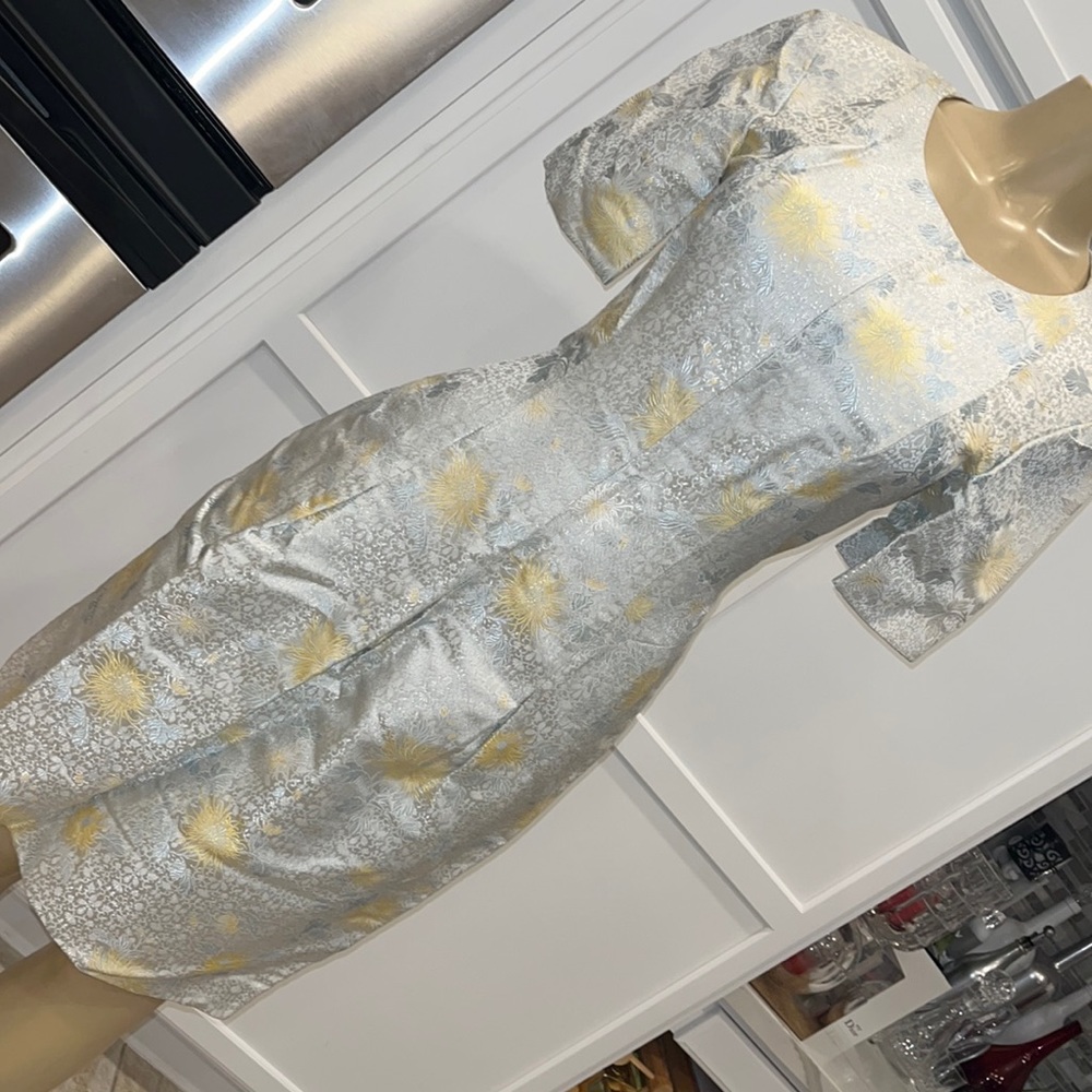 Custom made short sleeves midi dress size M light blue and gold
